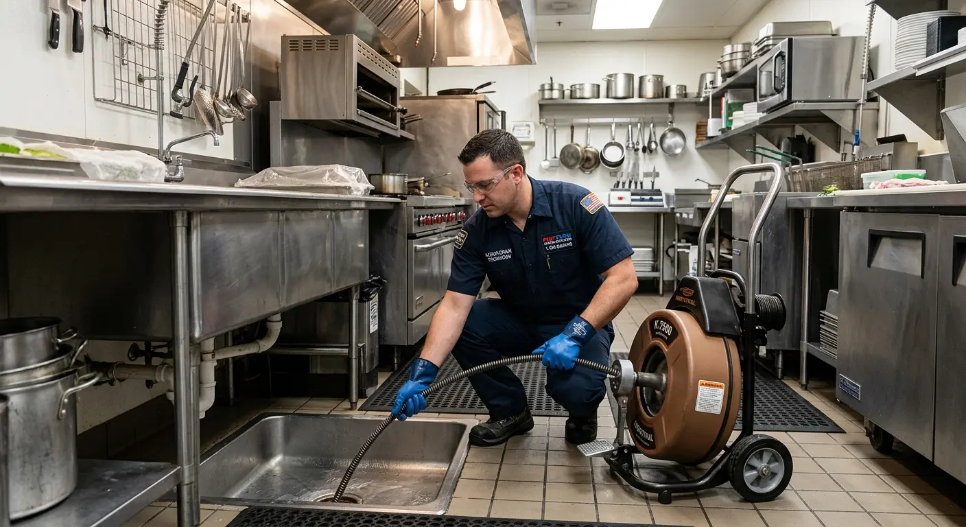 Commercial drain cleaning service in a restaurant kitchen in Ottawa