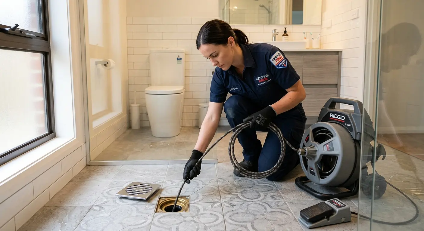 Technician clearing a bathroom floor drain for Clogged Drain Repair in Ottawa
